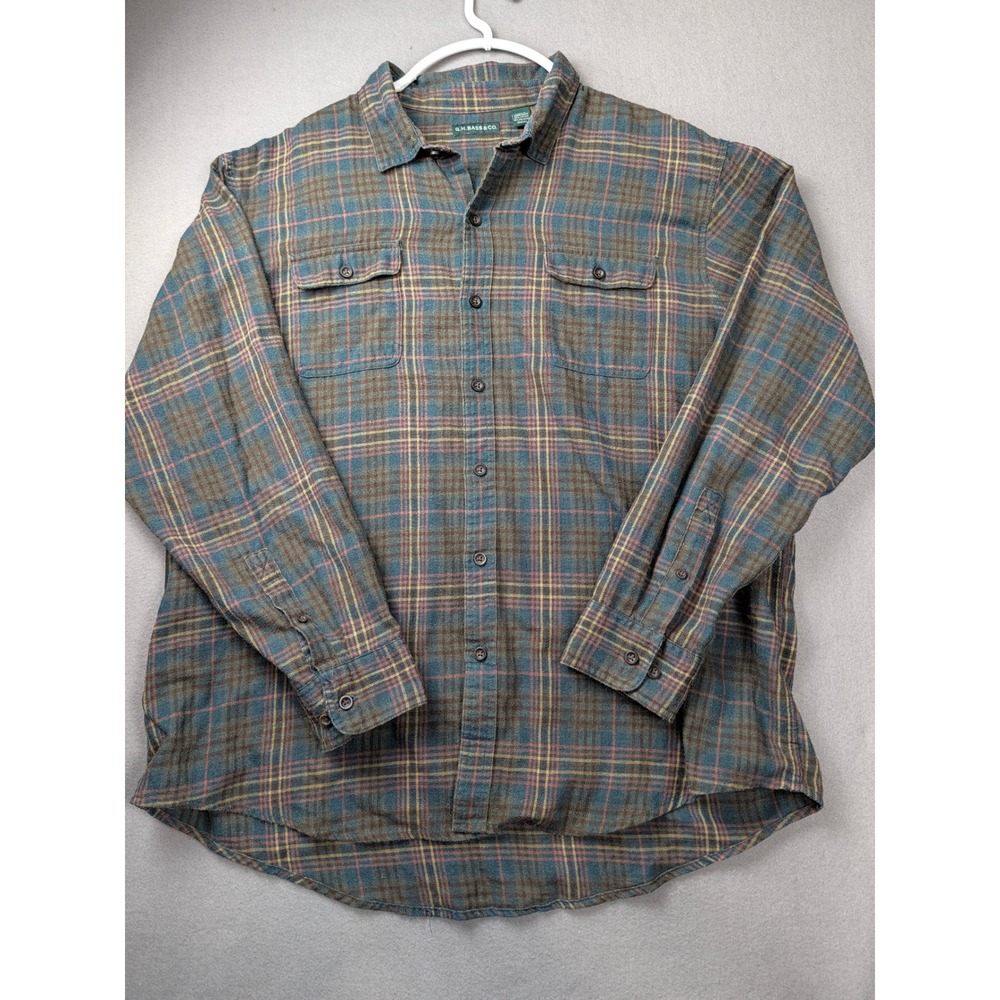 GH Bass & Co Mens XXL Plaid Flannel Button Down Shirt green Brown Long Sleeve - Picture 1 of 7